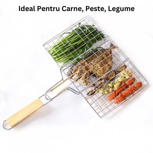 Gratar pentru Peste si Carne, Grila Dubla cu Maner Ergonomic, Otel Inoxidabil, Design Portabil pentru Camping, Suprafata Utila 32x19 cm, Argintiu