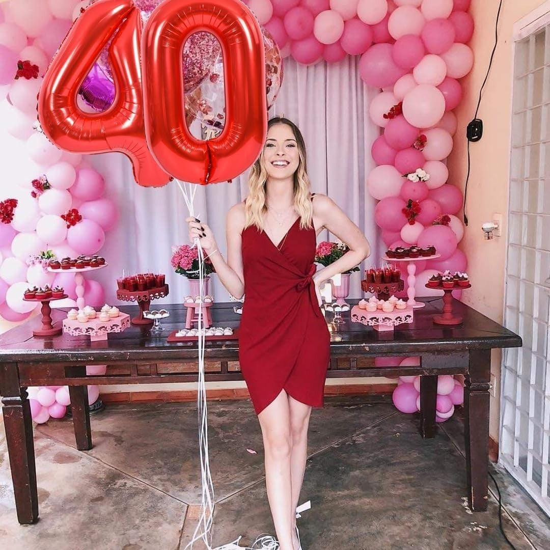 Balon Aniversar Cifra 0, Figurina din Folie Metalizata pentru Petreceri, Umflare cu Aer sau Heliu, Inaltime 100 cm, Rosu, Pai Inclus
