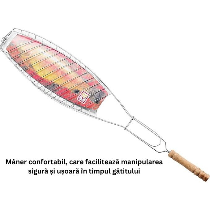 Gratar Grill pentru Peste, Inox de Inalta Calitate, Maner Ergonomic, Design Compact pentru Camping si Picnic, Argintiu, 56x12 cm