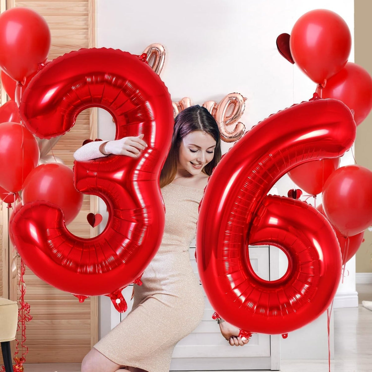 Balon Aniversar Cifra 6, Figurina Gigant din Folie de Aluminiu, Umflare Aer sau Heliu, Pai Inclus, Rosu, 100 cm