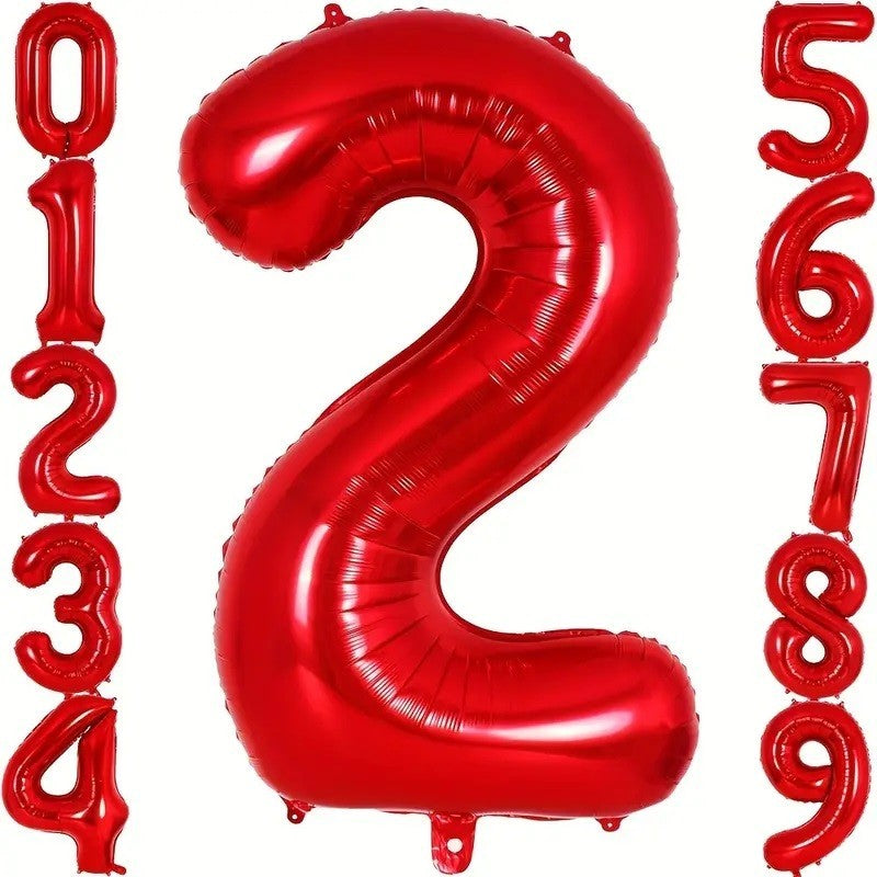 Balon Aniversar Cifra 2, Figurina Gigant din Folie Metalizata, Umflare Aer sau Heliu, include Pai, 100 cm, Rosu