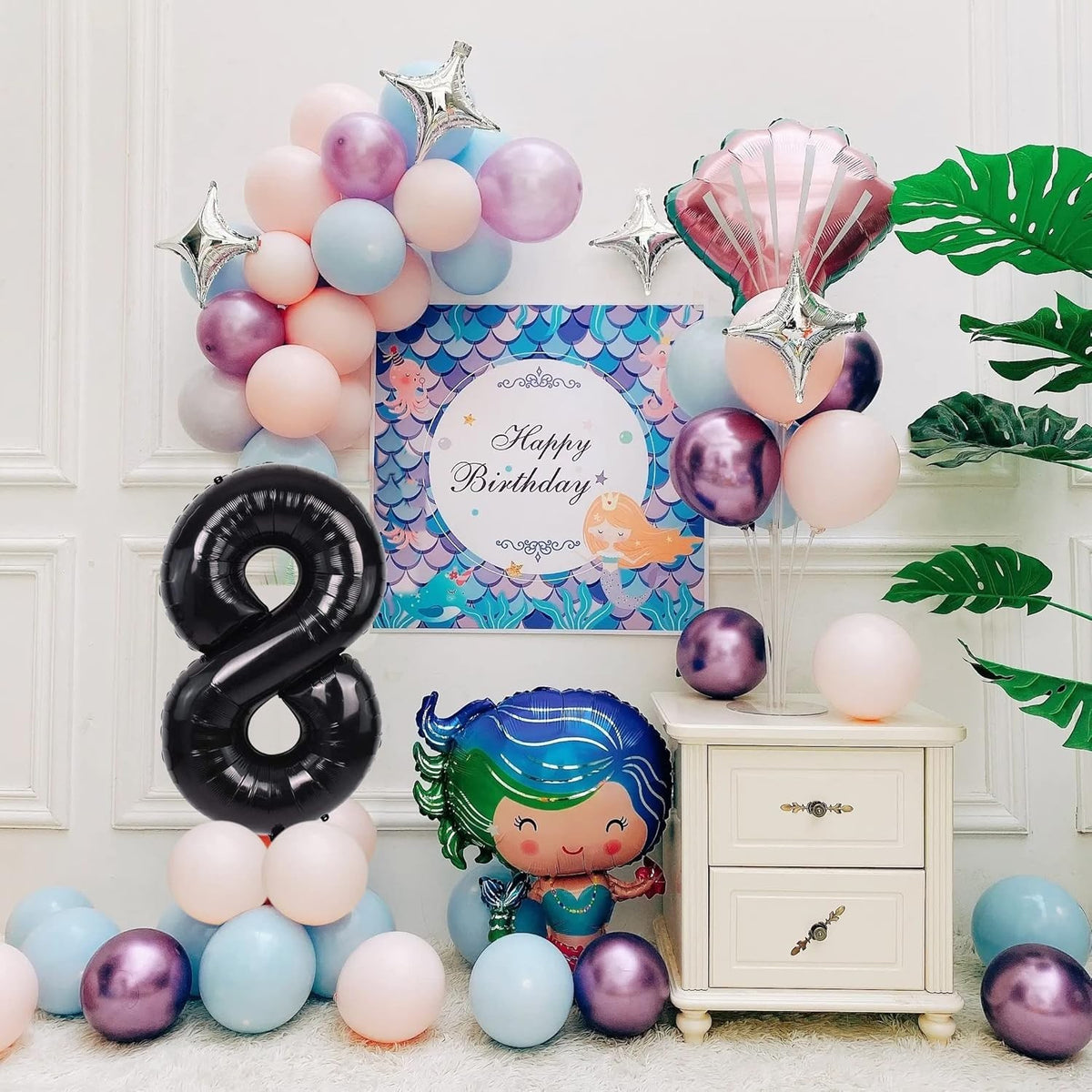 Balon Aniversar Cifra 8, Figurina din Folie Metalizata, Umflare Aer sau Heliu, Inaltime 100 cm, Pai Inclus, Negru