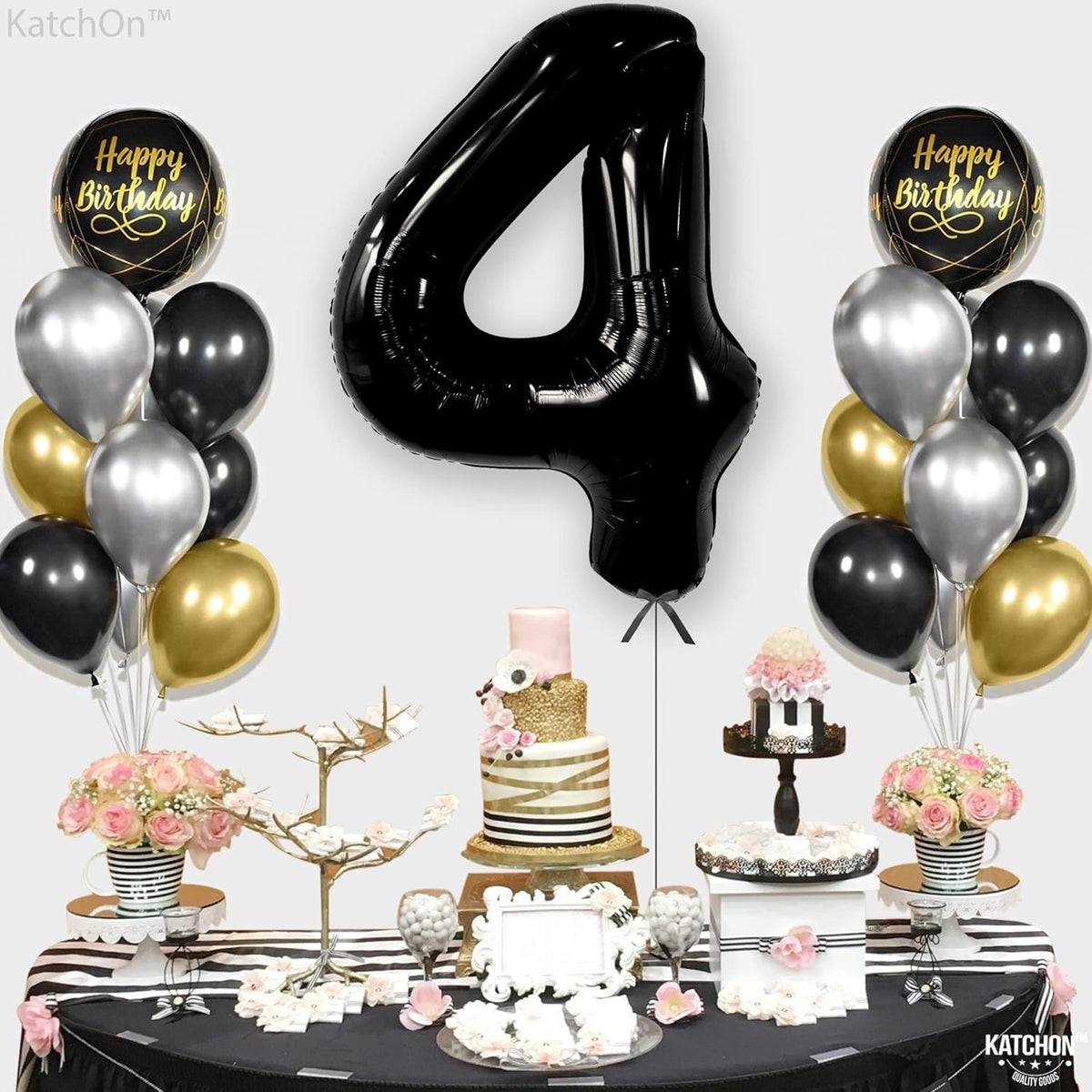 Balon Aniversar Cifra 4, Figurina Gigant pentru Petrecere, Folie de Aluminiu Metalizata, Umflare Aer sau Heliu, include Pai, 100 cm, Negru