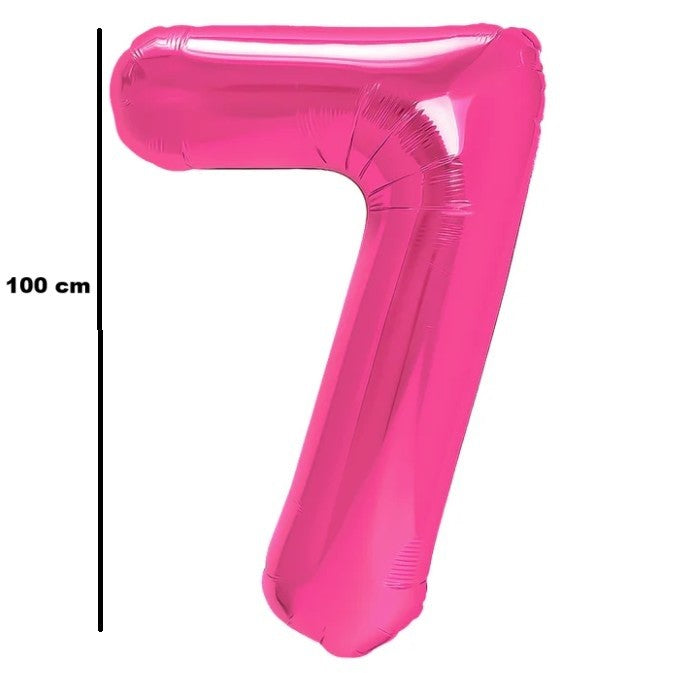 Balon Figurina Cifra 7, Balon Aniversar din Folie Metalizata, Umflare Aer sau Heliu, Include Pai, 100 cm, Roz
