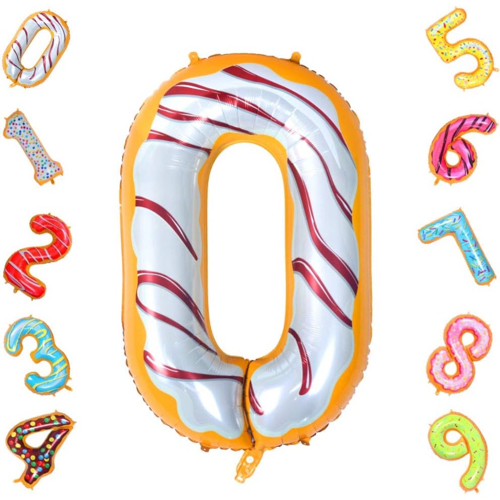 Balon Aniversar Cifra 0, Figurina din Folie Metalizata, Imprimeu Gogosi Candy Bar, Umflare Aer sau Heliu, 100 cm, Multicolor, Pai Inclus