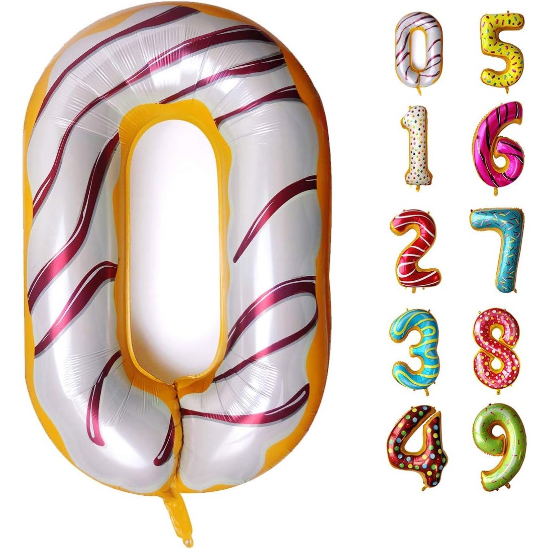 Balon Aniversar Cifra 0, Figurina din Folie Metalizata, Imprimeu Gogosi Candy Bar, Umflare Aer sau Heliu, 100 cm, Multicolor, Pai Inclus