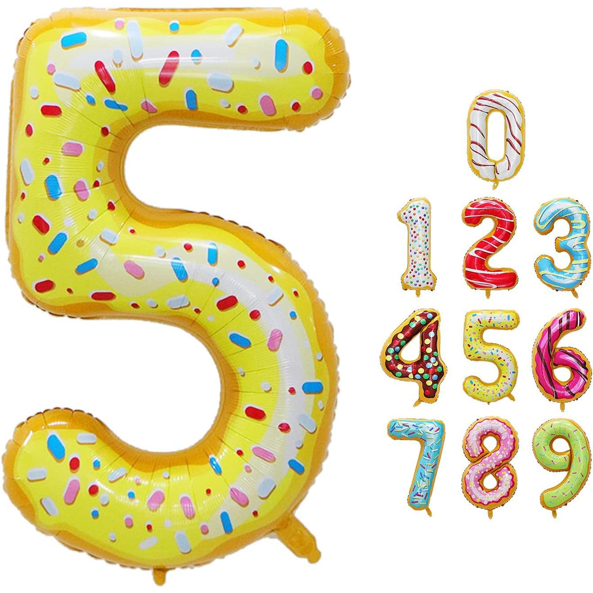 Balon Aniversar Cifra 5, Figurina Gigant cu Imprimeu Gogosi, Folie Metalizata, Umflare Aer sau Heliu, 100 cm, Multicolor
