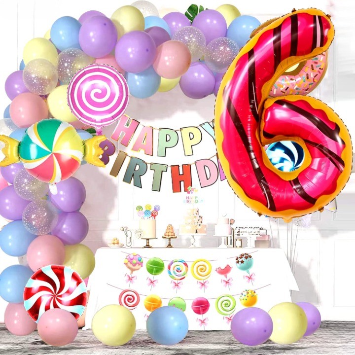 Balon Aniversar Cifra 6, Figurina din Folie Metalizata, Imprimeu Gogosi Candy Bar, Umflare Aer sau Heliu, 100 cm, Multicolor