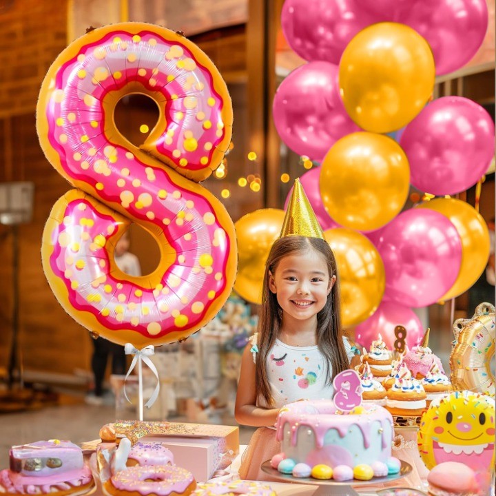 Balon Figurina Cifra 8 din Folie Metalizata, Imprimeu Tematic Gogosi, Decor Petrecere Aniversara, Umflare Aer sau Heliu, Multicolor, Inaltime 100 cm, Pai Inclus