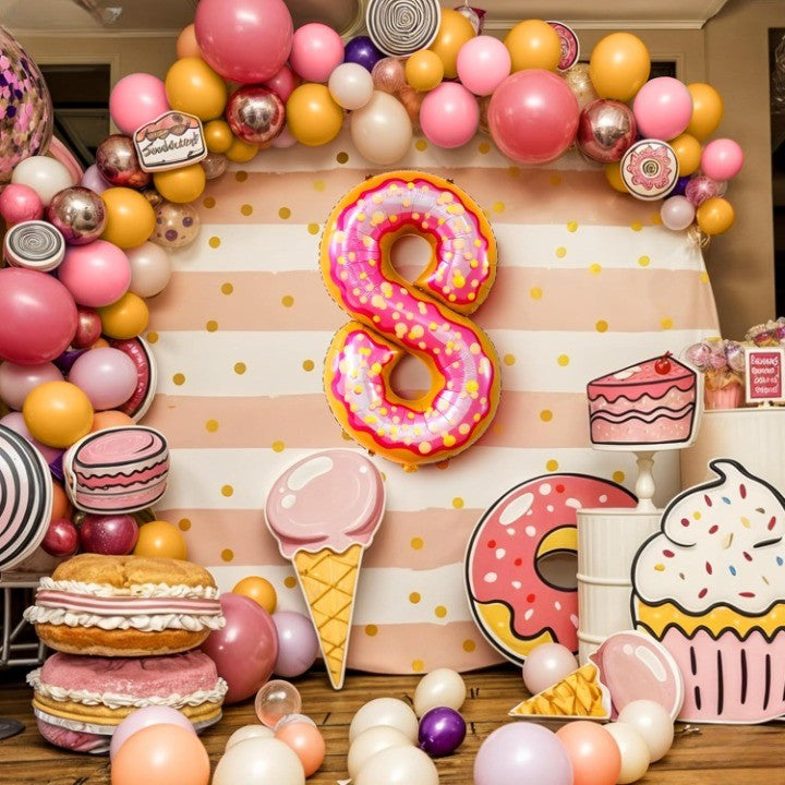 Balon Figurina Cifra 8 din Folie Metalizata, Imprimeu Tematic Gogosi, Decor Petrecere Aniversara, Umflare Aer sau Heliu, Multicolor, Inaltime 100 cm, Pai Inclus