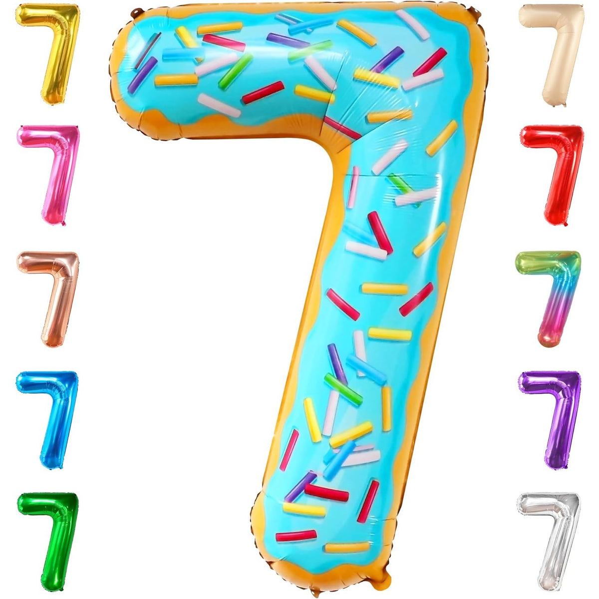 Balon Aniversar Cifra 7, Figurina din Folie Metalizata, Imprimeu Gogosi Candy Bar, Umflare Aer sau Heliu, Inaltime 100 cm, Multicolor