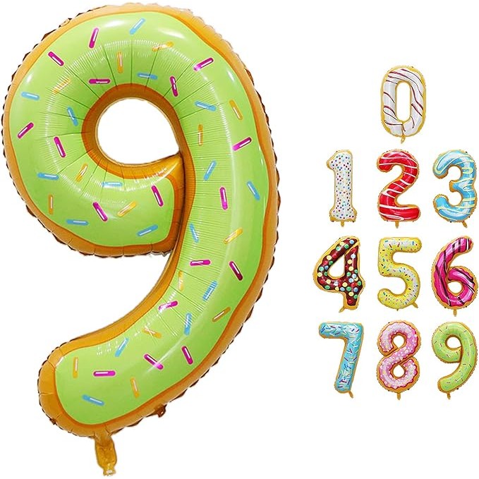 Balon Cifra 9 Aniversar, Figurina Gigant cu Imprimeu Gogosi, Folie Metalizata Rezistenta, Umflare Aer sau Heliu, Pai Inclus, 100 cm, Multicolor