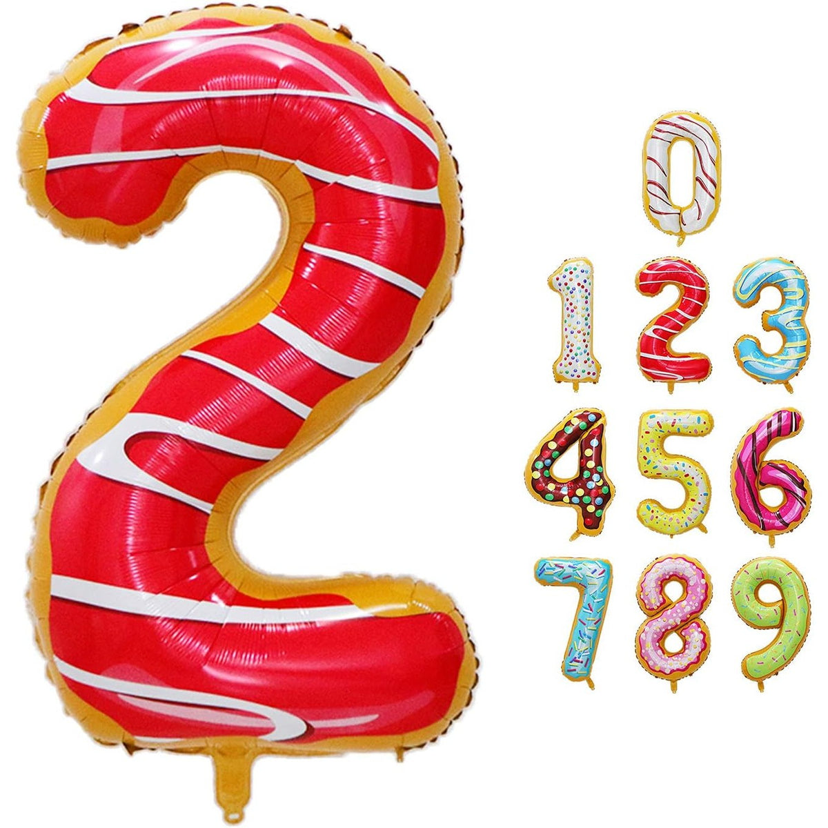 Balon Aniversar Cifra 2, Figurina Gigant din Folie Metalizata, Imprimeu Gogosi Candy Bar, Umflare Aer sau Heliu, 100 cm, Multicolor