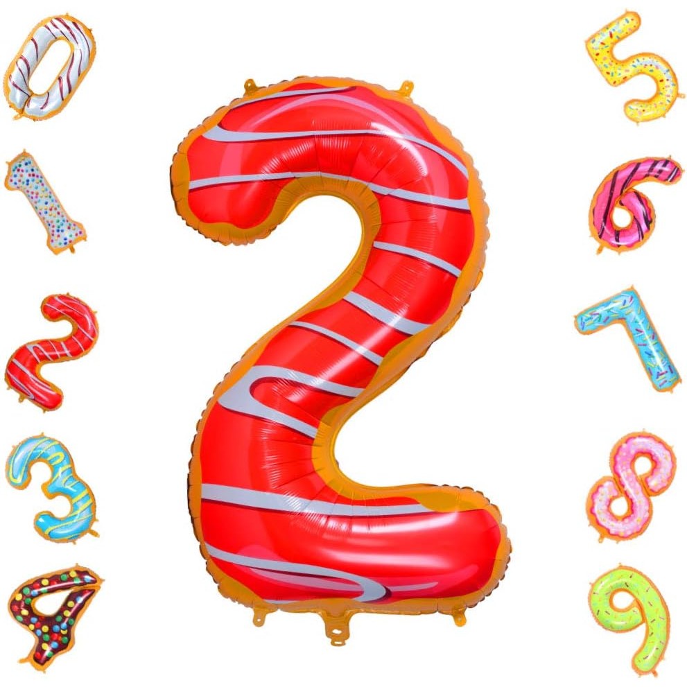 Balon Aniversar Cifra 2, Figurina Gigant din Folie Metalizata, Imprimeu Gogosi Candy Bar, Umflare Aer sau Heliu, 100 cm, Multicolor