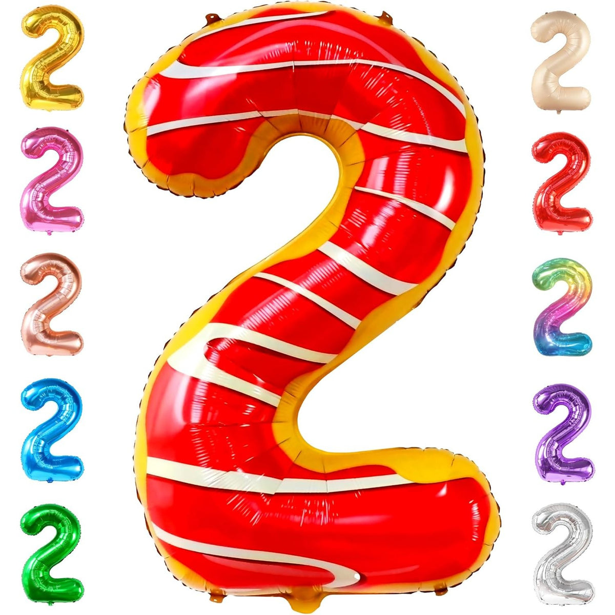 Balon Aniversar Cifra 2, Figurina Gigant din Folie Metalizata, Imprimeu Gogosi Candy Bar, Umflare Aer sau Heliu, 100 cm, Multicolor