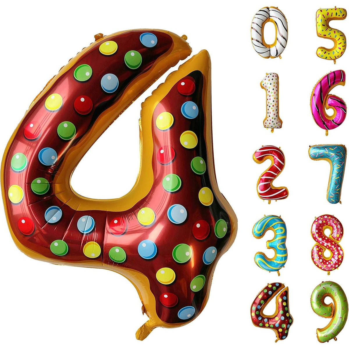 Balon Aniversar Cifra 4 cu Imprimeu Gogosi, Figurina din Folie Metalizata, Decor Petrecere Copii, Umflare Aer sau Heliu, Include Pai, Multicolor, 100 cm