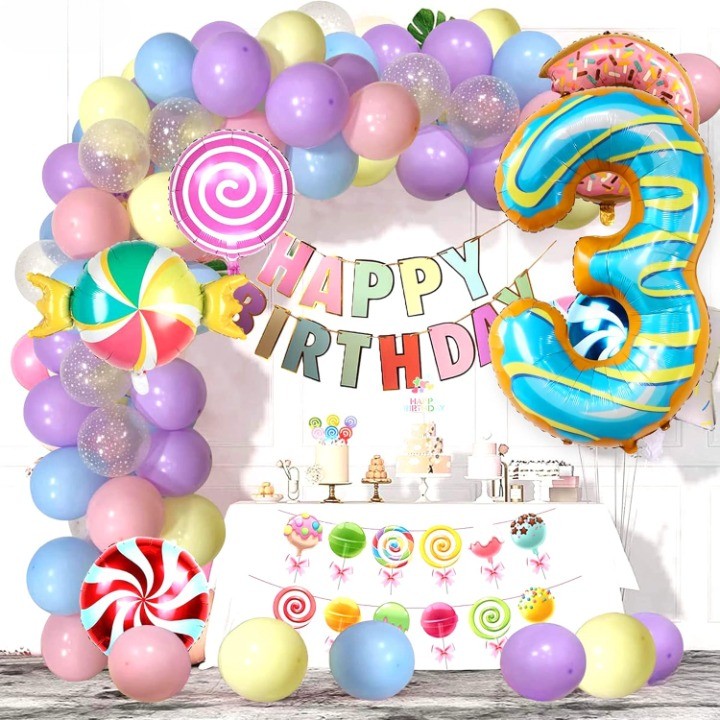 Balon Aniversar Cifra 3, Figurina Gigant din Folie Metalizata, Imprimeu Gogosi, Umflare Aer sau Heliu, 100 cm, Multicolor