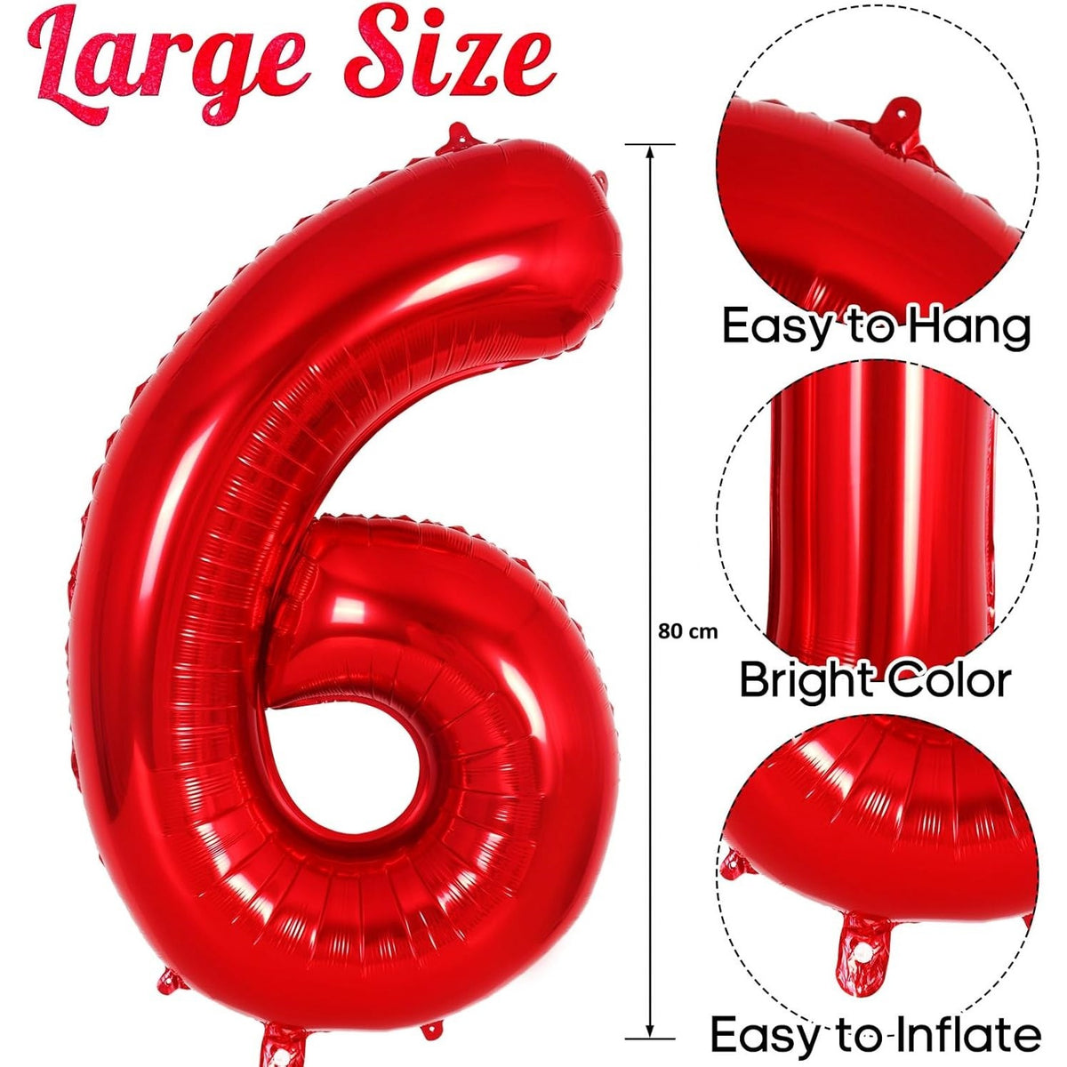 Balon Aniversar Cifra 6, Figurina din Folie Metalizata de Aluminiu, Umflare cu Aer sau Heliu, include Pai, 80 cm, Rosu