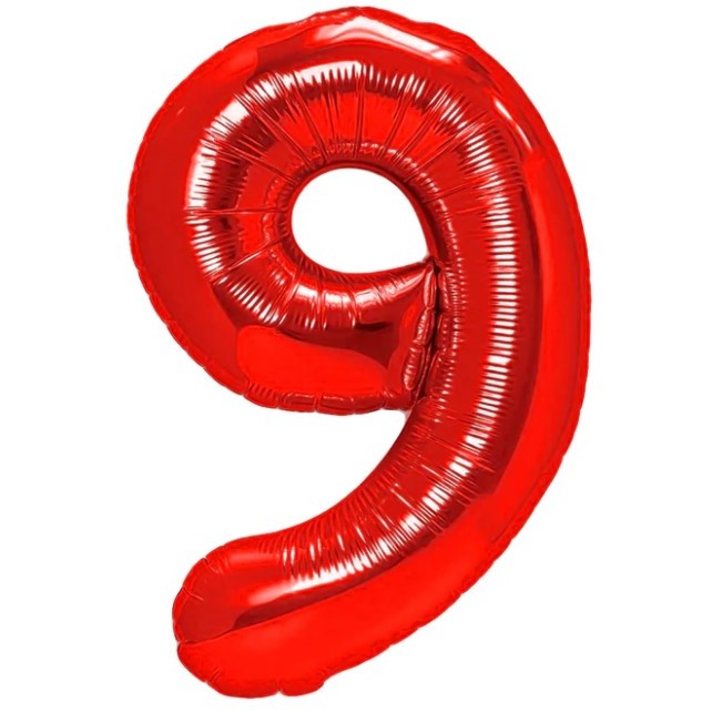 Balon Aniversar Cifra 9, Figurina din Folie Metalizata, Umflare Aer sau Heliu, Include Pai, 80 cm, Rosu