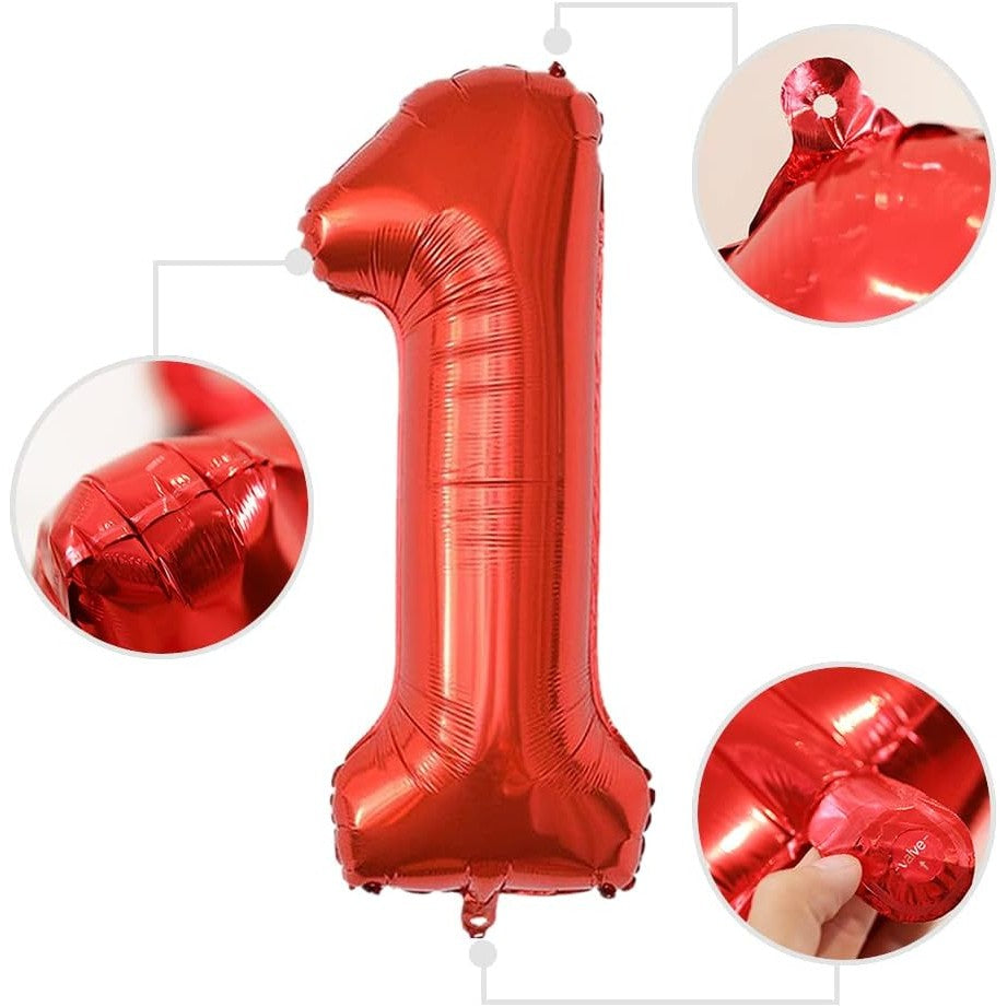 Balon Aniversar Cifra 1, Figurina Din Folie Metalizata, Umflare Cu Aer Sau Heliu, Include Pai, Rosu, 80 cm
