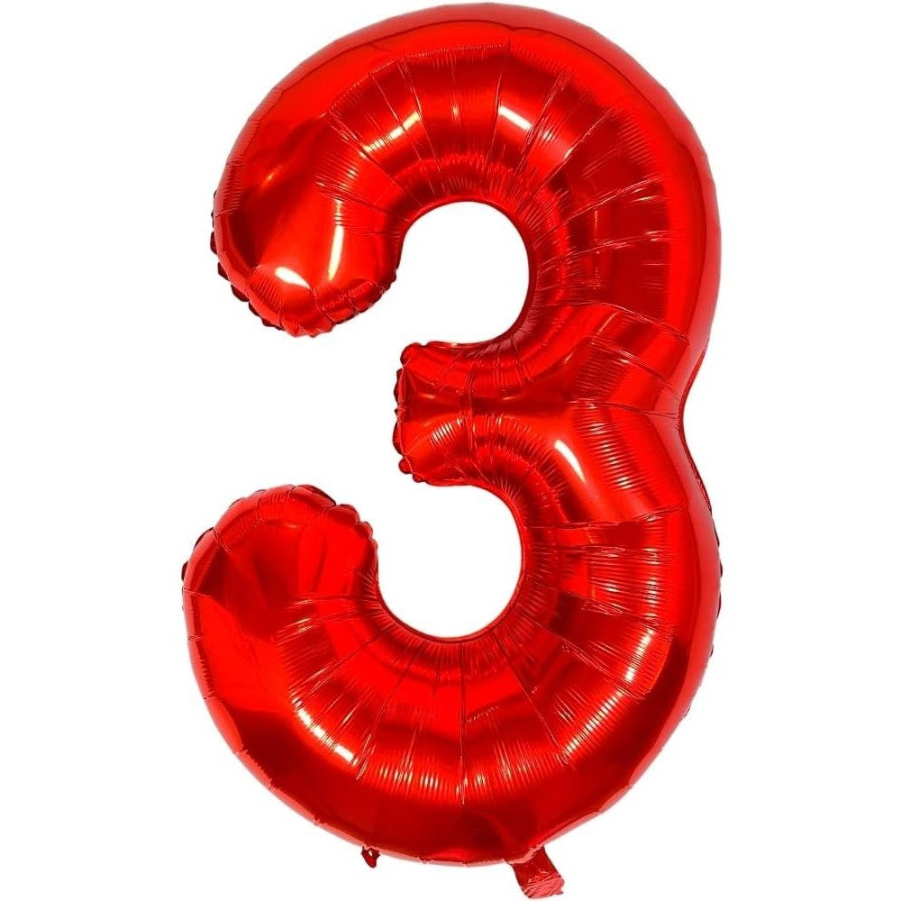 Balon Aniversar Cifra 3, Figurina din Folie Metalizata, Umflare Aer sau Heliu, include Pai, 80 cm, Rosu