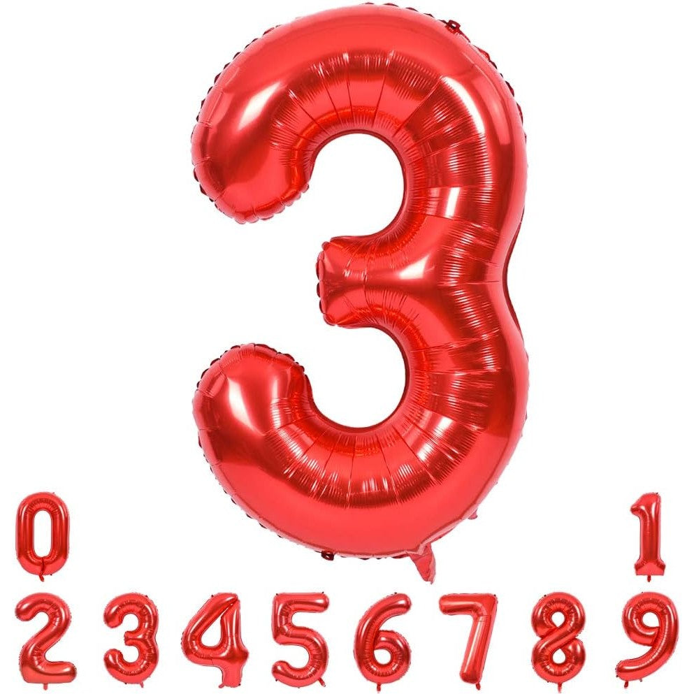 Balon Aniversar Cifra 3, Figurina din Folie Metalizata, Umflare Aer sau Heliu, include Pai, 80 cm, Rosu