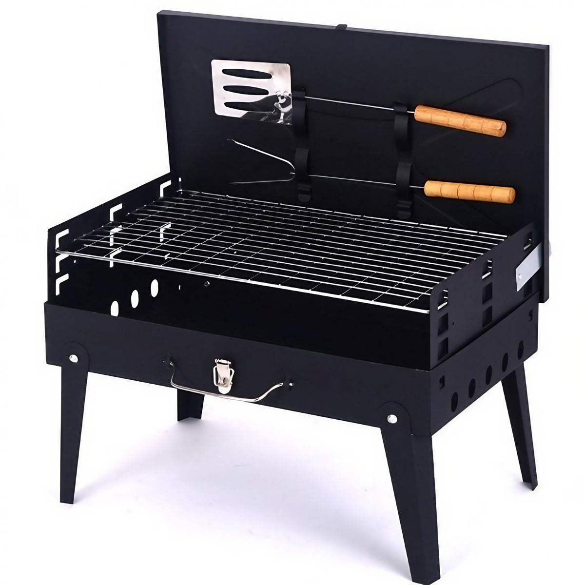 Gratar Portabil si Pliabil, Tip Servieta cu Accesorii Gatit, Metal Rezistent, Camping si Picnic, 46x43x26 cm, Negru