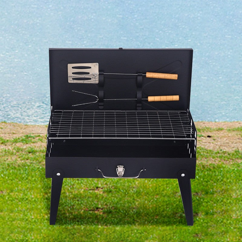 Gratar Portabil si Pliabil, Tip Servieta cu Accesorii Gatit, Metal Rezistent, Camping si Picnic, 46x43x26 cm, Negru
