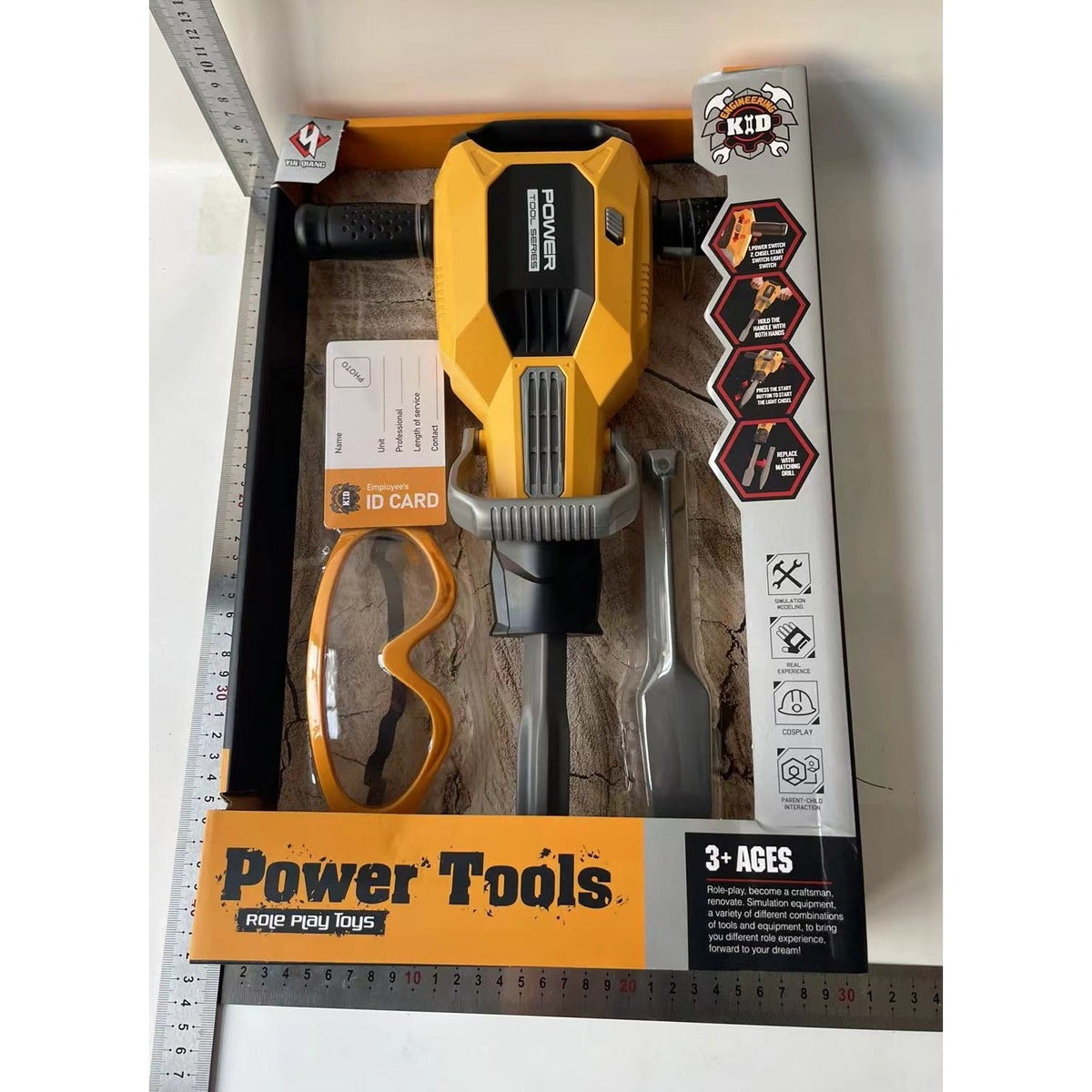 Jucarie Picamer Interactiv pentru Copii, Unelte de Constructii cu Sunete si Lumini, Capete Interschimbabile si Ochelari, Plastic, 41 cm, Portocaliu