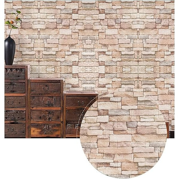 Set 10 Placi Tapet 3D Autoadeziv, Model Caramida, Spuma Polietilena XPE Impermeabila, Protectie Anti-Coliziune, 70 x 77 cm, Grosime 3 mm, Acoperire 5.3 mp, Bej