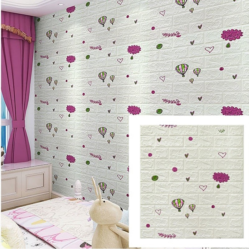Set 10 Placi Tapet 3D Autoadeziv, Tip Caramida cu Baloane, Panouri Perete Impermeabile si Anticoliziune, Spuma Polietilena XPE, 70 x 77 cm, Grosime 3 mm, Suprafata 5.3 mp, Alb