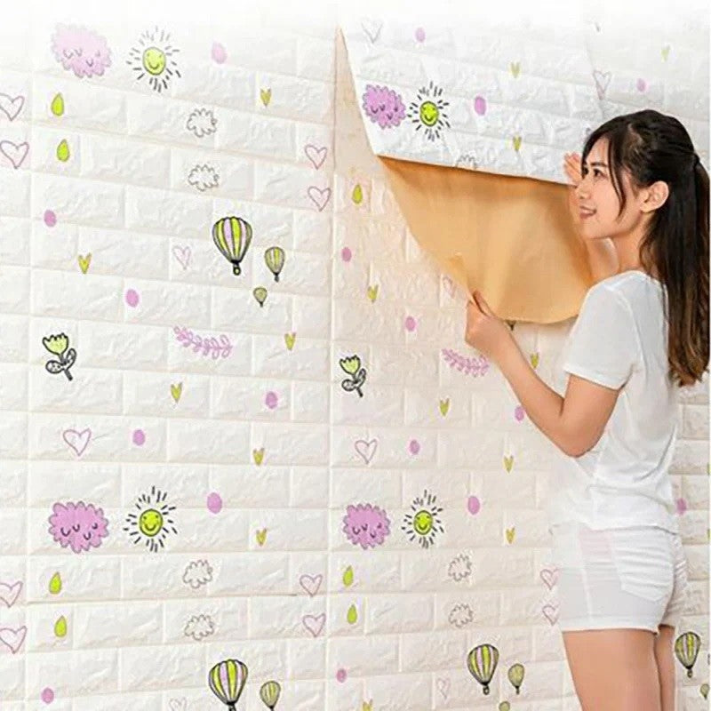 Set 10 Placi Tapet 3D Autoadeziv, Tip Caramida cu Baloane, Panouri Perete Impermeabile si Anticoliziune, Spuma Polietilena XPE, 70 x 77 cm, Grosime 3 mm, Suprafata 5.3 mp, Alb