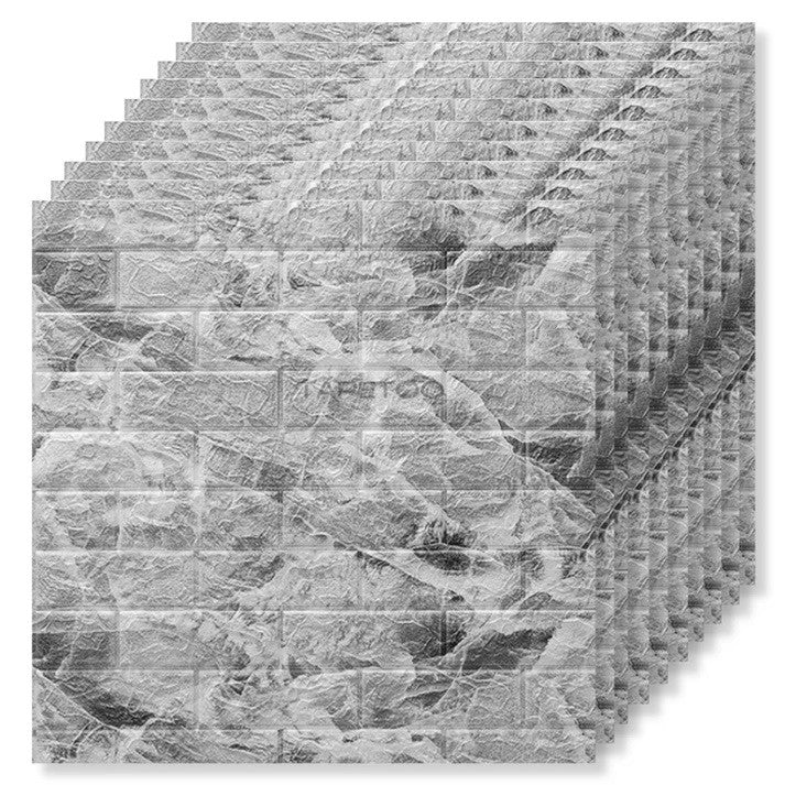 Set Tapet 3D Autocolant, Model Caramida, Panouri Decorative Autoadezive Impermeabile, Spuma Polietilena XPE, 70 x 77 cm, Grosime 3 mm, 10 Bucati, 5.3 mp, Marmura Gri