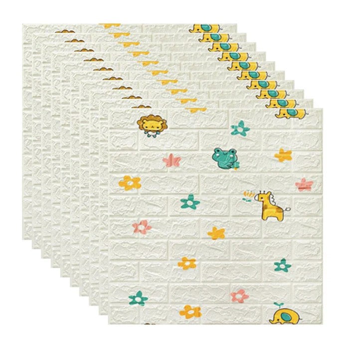 Set 10 Placi Tapet 3D Autoadeziv, Panouri Perete Tip Caramida cu Model Animalute si Floricele, Spuma Polietilena XPE Impermeabila, 70 x 77 cm, Grosime 3 mm, Suprafata 5.3 mp, Alb
