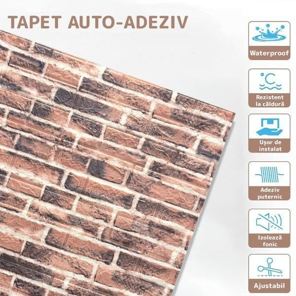 Tapet 3D Autoadeziv, Model Caramida, Panouri Decorative Perete, Spuma Polietilena XPE, Impermeabil si Izolant Termic, Set 10 Placi, 70 x 77 cm, Grosime 3 mm, Acoperire 5.3 mp, Caramida Rosie