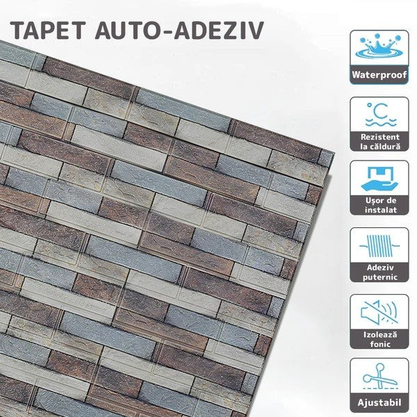 Set 10 Placi Tapet 3D Autoadeziv, Panou Perete Lavabil si Izolant, Spuma Polietilena XPE, Model Caramida, 70 x 77 cm, Grosime 3 mm, Suprafata 5.3 mp, Piatra Colorata