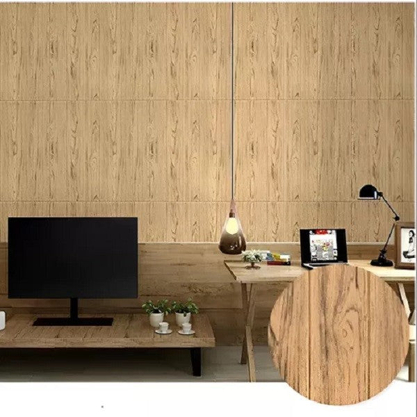 Set 10 Placi Tapet 3D Autoadeziv, Panouri Perete Aspect Lemn, Izolant Fonic si Termic din Rasina, 70 x 70 cm, Grosime 3 mm, 4.9 mp, Maro Deschis