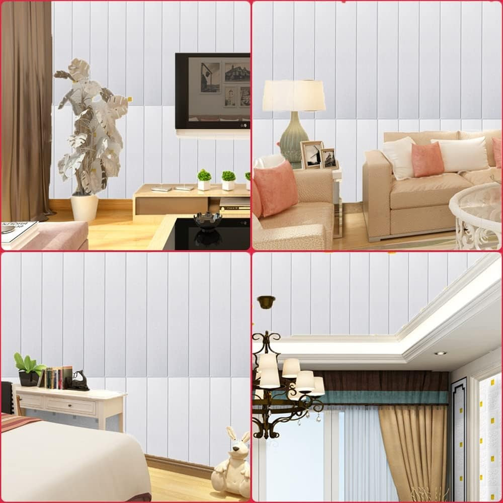 Tapet 3D Autoadeziv, Placi Decorativ Perete Tip Lemn, Izolatie Fonica si Termica, Rasina Ecologica, Set 10 Bucati, 70 x 70 cm, 3 mm, 4.9 mp, Alb