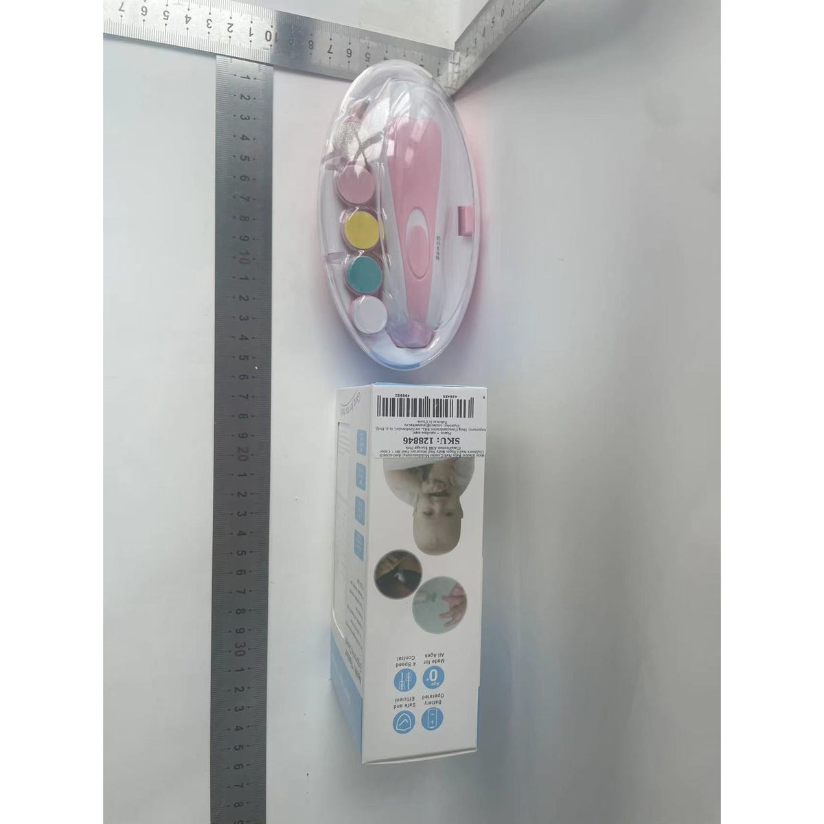 Pila Electrica Unghii Bebelusi si Copii, Set Manichiura Silentios cu Lumina LED, Material ABS, 6 Capete Interschimbabile, Roz/Alb