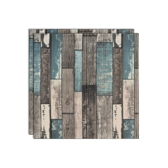 Set 10 Placi Tapet 3D Autoadeziv, Panouri Perete cu Aspect Lemn, Izolatie Fonica si Termica, Rasina Ecologica, 70 x 70 cm, Grosime 3 mm, Suprafata 4.9 mp, Gri/Albastru
