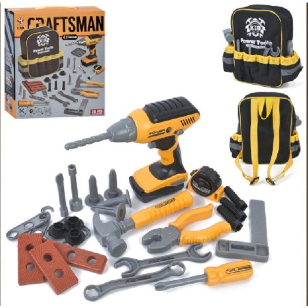 Set Scule de Jucarie pentru Copii cu Ghiozdan, Bormasina Interactivă si Accesorii Bricolaj, Plastic, 28 Piese, +3 Ani, 30.5x25x11 cm, Negru/Portocaliu