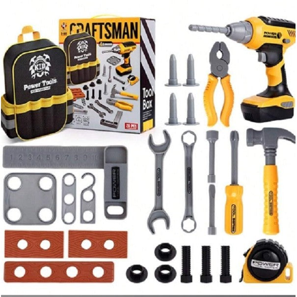 Set Scule de Jucarie pentru Copii cu Ghiozdan, Bormasina Interactivă si Accesorii Bricolaj, Plastic, 28 Piese, +3 Ani, 30.5x25x11 cm, Negru/Portocaliu