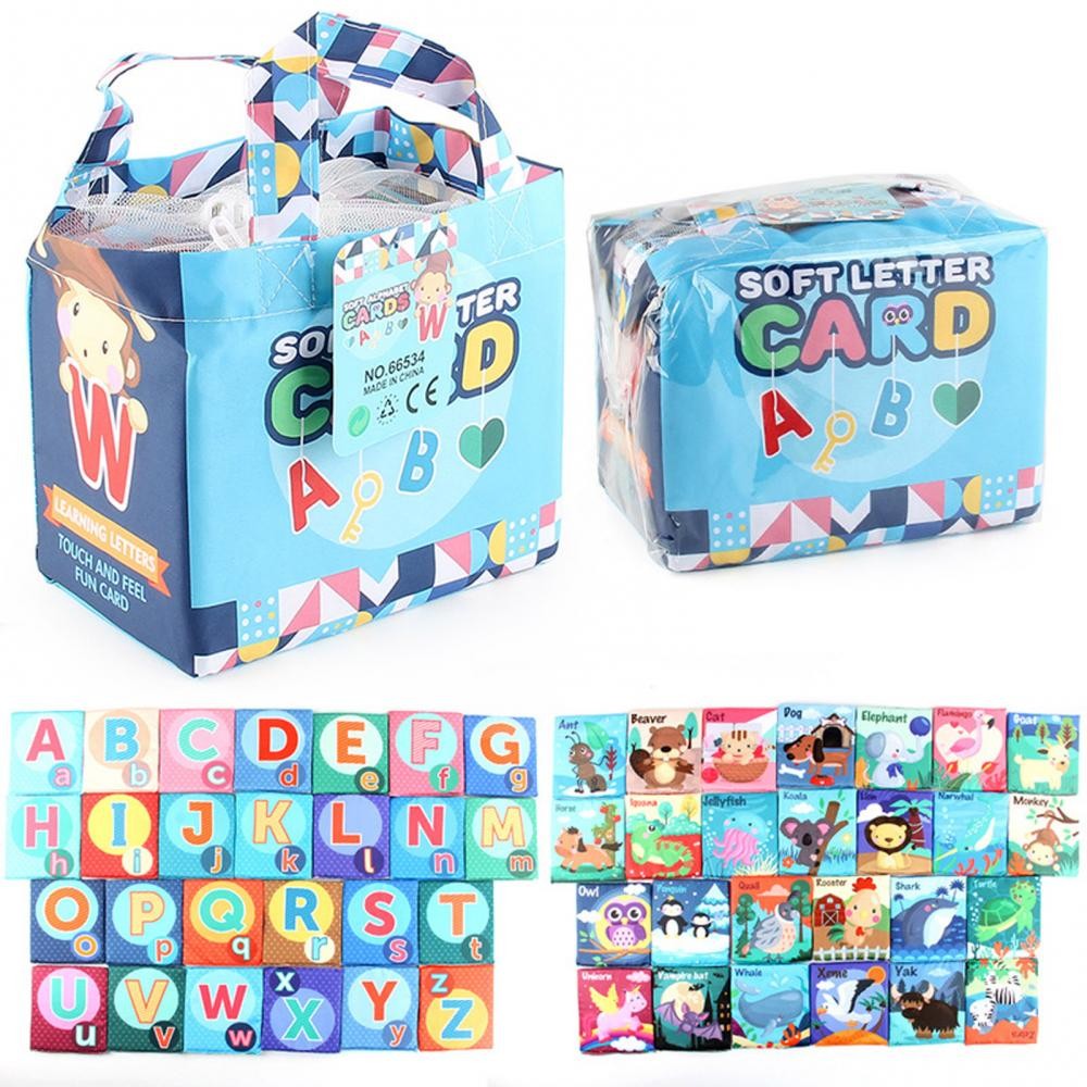 Set 26 Carduri Alfabetice din Panza, Joc Educational Senzorial cu Doua Fete, Litere si Animale, Lavabile, Bumbac Moale, Saculet Depozitare Inclus, Multicolor, 11 x 12 cm