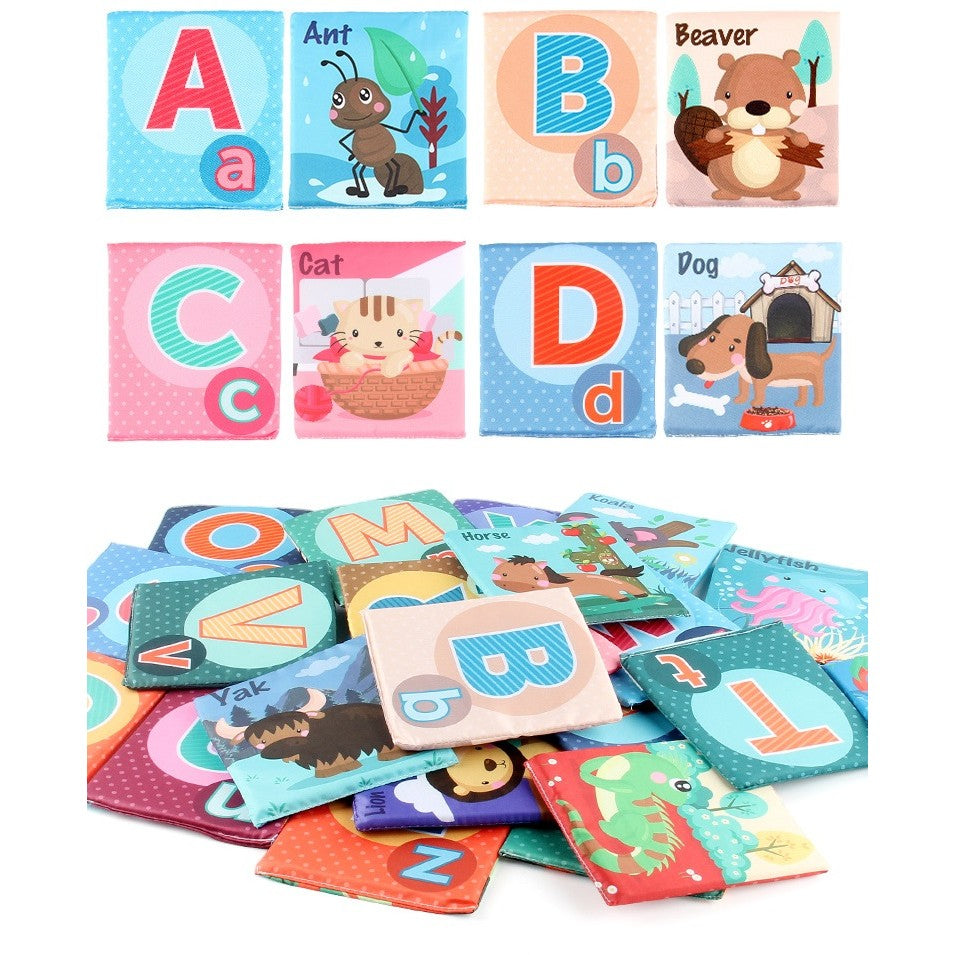 Set 26 Carduri Alfabetice din Panza, Joc Educational Senzorial cu Doua Fete, Litere si Animale, Lavabile, Bumbac Moale, Saculet Depozitare Inclus, Multicolor, 11 x 12 cm