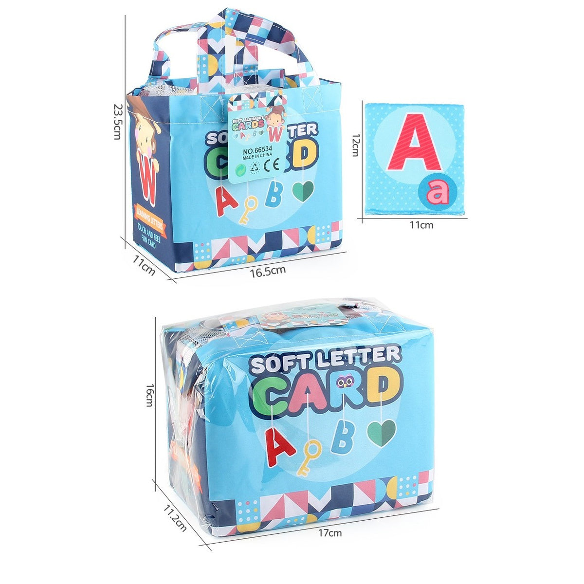 Set 26 Carduri Alfabetice din Panza, Joc Educational Senzorial cu Doua Fete, Litere si Animale, Lavabile, Bumbac Moale, Saculet Depozitare Inclus, Multicolor, 11 x 12 cm