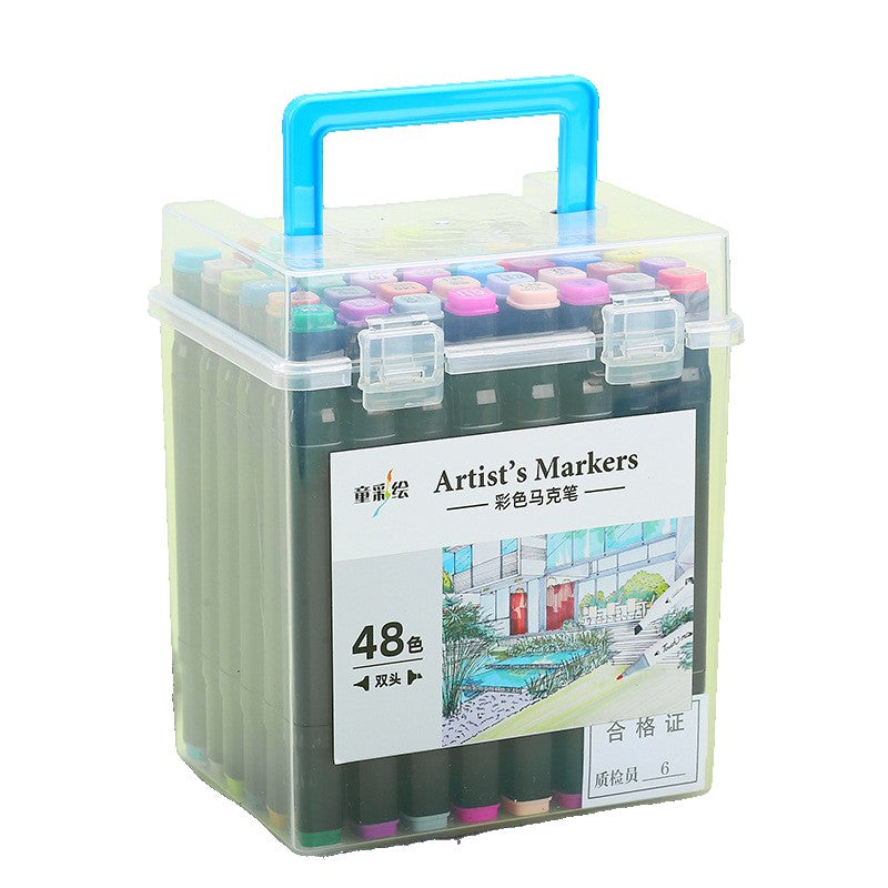 Twin Touch Set 48 Markere cu Alcool, Carioci Profesionale cu Două Capete, Vârf Lat și Subțire, Cutie Plastic cu Mâner, Multicolor