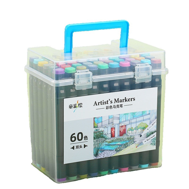 Twin Touch Set Markere cu Alcool pentru Desen, Carioci Profesionale cu Doua Capete, Geanta de Depozitare din Plastic cu Maner, Multicolor, 60 Bucati