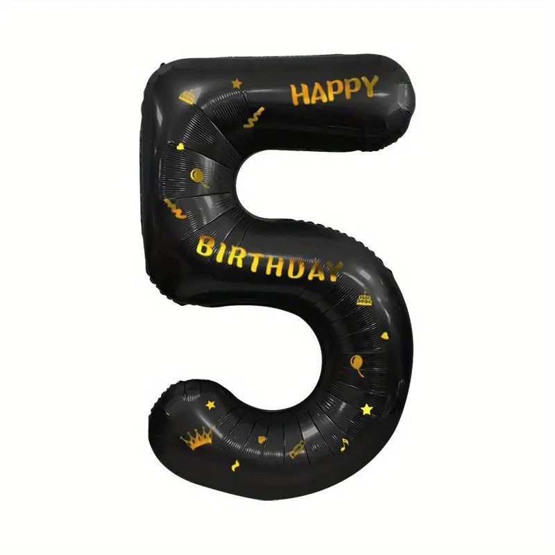Balon Aniversar Cifra 5 cu Coroana si Mesaj Happy Birthday, Folie Metalizata, Umflare Aer sau Heliu, 100 cm, Negru