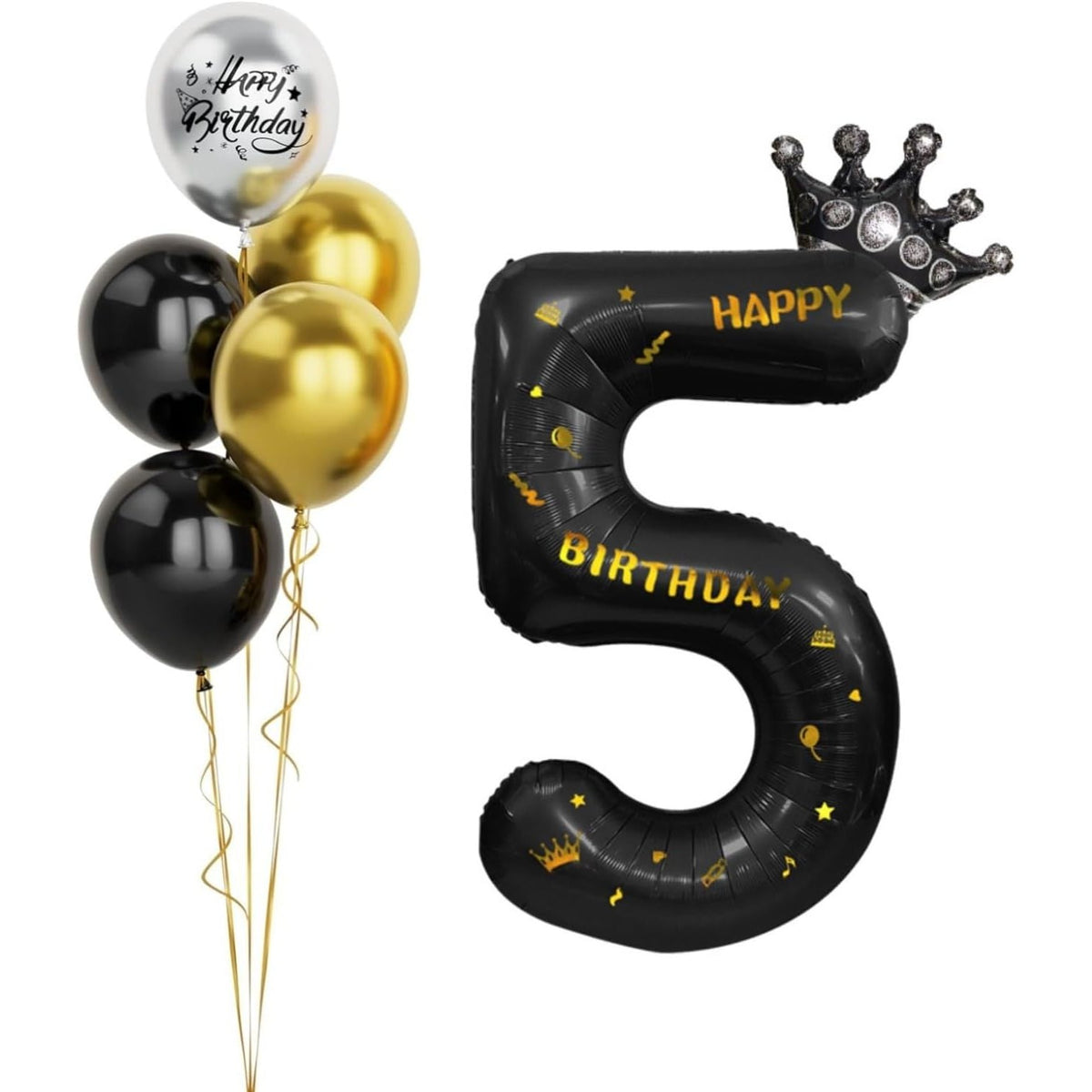 Balon Aniversar Cifra 5 cu Coroana si Mesaj Happy Birthday, Folie Metalizata, Umflare Aer sau Heliu, 100 cm, Negru