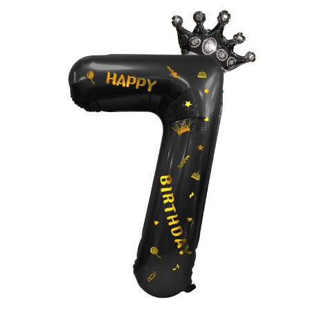 Balon Aniversar Cifra 7 Cu Coroana Si Scris Happy Birthday, Figurina Din Folie Metalizata, Umflare Aer Sau Heliu, 100 cm, Negru